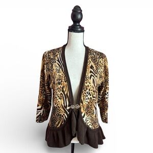 Christina Rhinestone Marcasite Clasp Leopard Animal Print Ruffle Sweater PL
